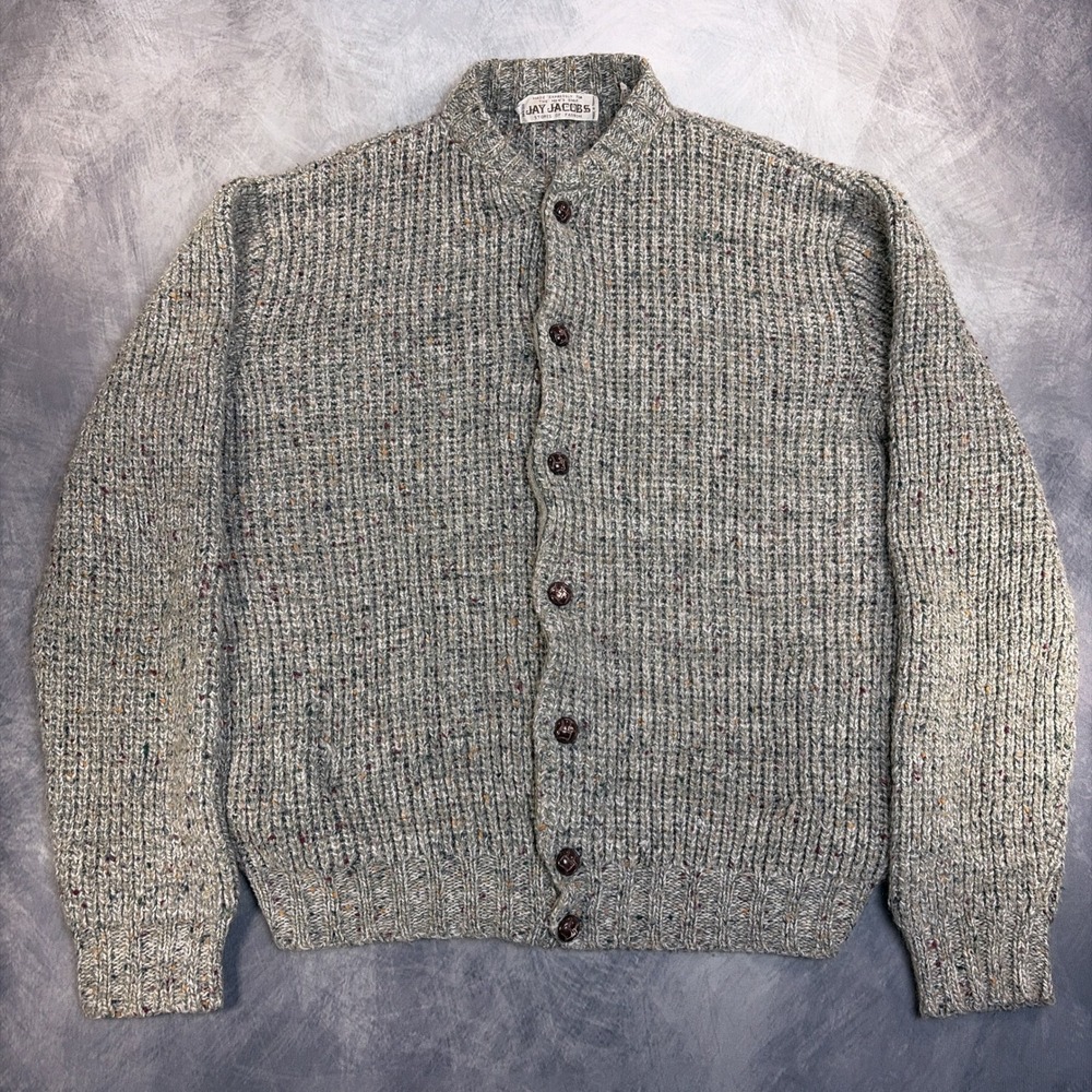 Vintage Jay Jacobs Mens XL Grey Multi Color Flecked Chunky Knit Cardigan Sweater
